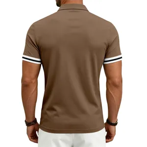 Back view of a casual men's brown polo shirt featuring stylish contrast striped cuffs.