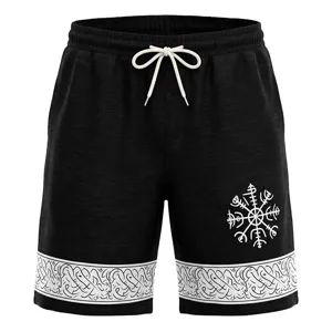 Herren schwarze Shorts Detail mit weißem nordischem Runen-Kompass und keltischem Saum.