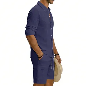 Detailed view of men's casual long sleeve linen shirt and cargo shorts matching set in dark blue.