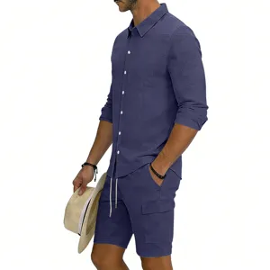 Men's linen casual long sleeve shirt and cargo shorts set detail view showcasing texture.