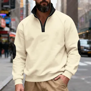 Detail view of men's fleece lined quarter zip sweatshirt with contrast elbow patches.