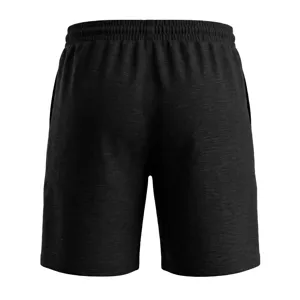 Nahaufnahme von lässigen schwarzen Herrenshorts mit elastischem Bund und atmungsaktivem Stoff.