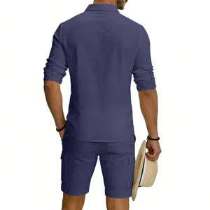 Men's casual linen long sleeve shirt and cargo shorts set, back view detail showing loose fit.