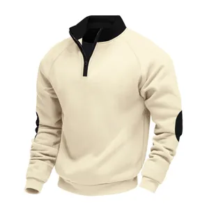 Detail view of the half-zip fleece sweatshirt highlighting contrast collar and elbow patches.
