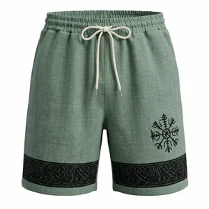Detailansicht der leichten herren leinenmischung sommershorts mit wikinger kompass druck.