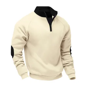 Men's quarter-zip fleece sweatshirt, loose casual design with color block collar and elbows.