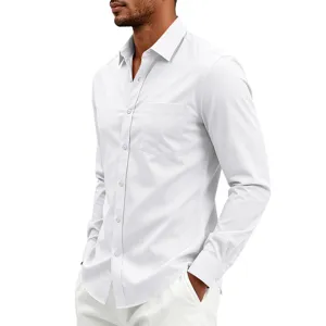 Herren Weiß Langarm Business Hemd Klassisch Button Down Hemd Mit Brusttasche