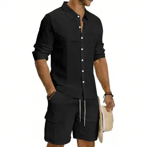 Men's Long Sleeve Linen Shirt and Cargo Shorts Set Summer Casual Beach Vacation Outfit