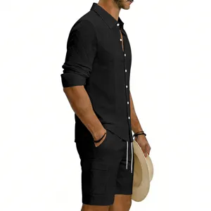 Close-up detail of men casual linen long sleeve shirt and cargo shorts outfit side view.