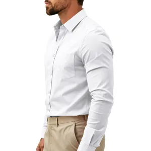 Elastisches, bügelfreies Herren Langarm Business Hemd Detail, weißes Slim Fit Oberteil.
