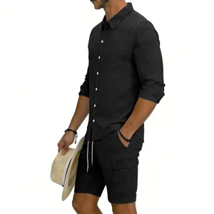 Men's casual linen long sleeve shirt and cargo shorts set details for summer vacation wear.