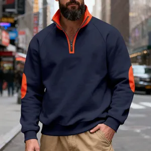 Men Heavyweight Fleece Stand Collar Sweatshirt American Retro Color Block Elbow Patch Quarter Zipper Pullover Casual Top