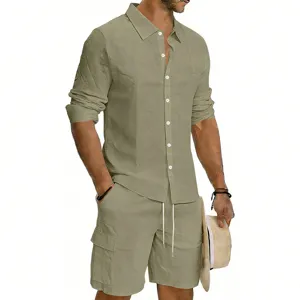Men's Long Sleeve Linen Shirt Cargo Shorts Set Olive Green Casual Vacation Outfit SKU