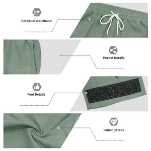 Men's casual linen-like shorts detail view showcasing breathable fabric, waistband, and pockets.