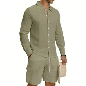 Detail view of men casual linen long sleeve shirt and cargo shorts set with pockets and drawstrings.