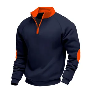 Men's navy heavy fleece quarter-zip sweatshirt with orange stand collar and elbow patches.