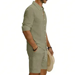 Men casual linen long sleeve shirt and cargo shorts set summer beach two piece outfit