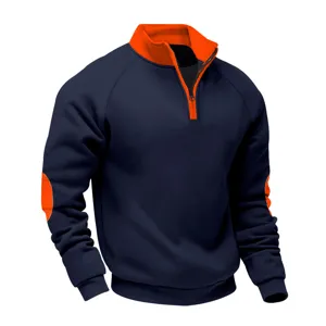 Men's casual 1/4 zip fleece sweatshirt featuring contrast color collar and elbow patches.