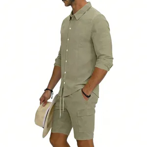 Men casual linen long sleeve shirt and cargo shorts set, perfect for summer vacation and daily wear.