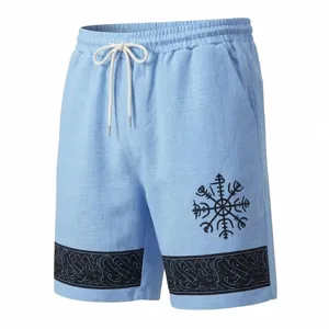 Herren hellblaue Freizeithose Leinen-Optik Kordelzug Strandshorts mit nordischem Runen-Kompass.