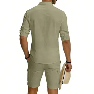 Men's casual linen long sleeve shirt and cargo shorts set detail back view style.