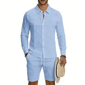 Men's casual long sleeve linen shirt and cargo shorts set for summer vacation and daily wear.