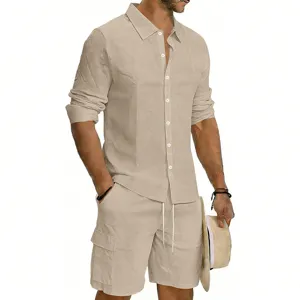 Men's Linen Long Sleeve Shirt and Cargo Shorts Set Khaki Summer Casual Vacation Outfit