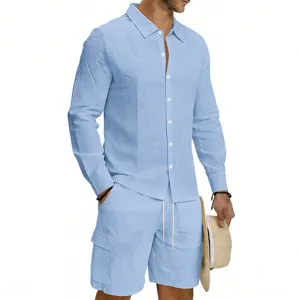 Light blue linen long-sleeve shirt and cargo shorts set, casual summer vacation wear details.