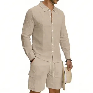 Men's casual linen long sleeve shirt and cargo shorts set for summer vacation and daily wear.