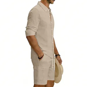 Men casual linen long sleeve shirt and multi-pocket cargo shorts summer outfit detail view