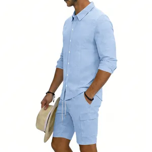 Men's summer casual linen long sleeve shirt and cargo shorts set in light blue color.