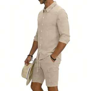 Men's summer casual linen long sleeve shirt and cargo shorts set for daily beach vacation wear.