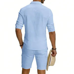 Detailed back view of men light blue linen long sleeve shirt and cargo shorts casual set.