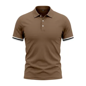 Men's brown short sleeve polo shirt with contrast stripe cuffs and lapel collar.