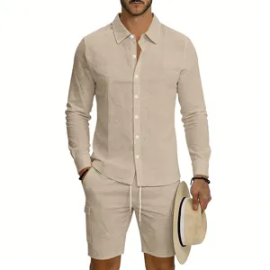 Details of men's casual linen long sleeve shirt and cargo shorts set in beige for summer.