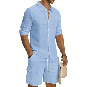 Men's Light Blue Linen Long Sleeve Shirt and Cargo Shorts Casual Summer Outfit Set