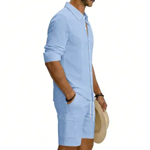 Details of light blue men's long sleeve linen shirt and cargo shorts set, casual summer wear.