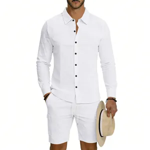 Men's Casual Polyester Blend Top And Bottom Set Long Sleeve Lapel Shirt And Multi-Pocket Cargo Shorts Summer Vacation Outfit