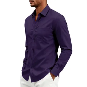 Camisa de vestir elastica morada para hombre, top comodo y elegante para oficina.