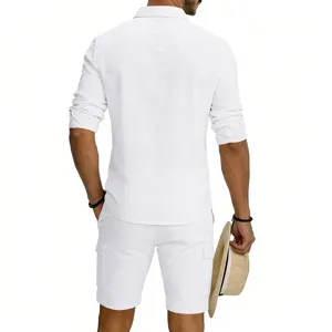 Men linen long sleeve shirt cargo shorts set summer casual vacation outfit back view detail