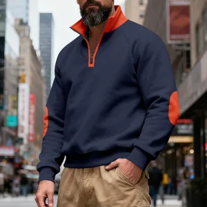 Men's stand-up collar fleece sweatshirt, casual loose color-blocking pullover with half zipper.