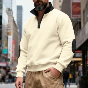 Men's casual fleece-lined stand-up collar half-zip sweatshirt with elbow patches for winter.