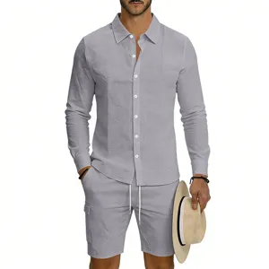 Men's summer casual linen long sleeve shirt and cargo shorts set in light grey for vacation.