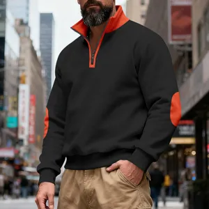 Men's black fleece sweatshirt with contrast orange stand collar and elbow patch details.