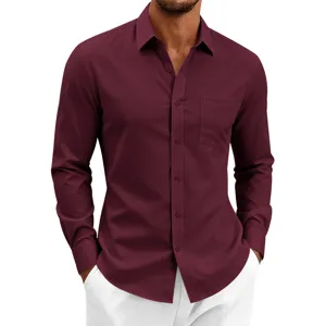 Camisa de manga larga para hombre de negocios, tela elástica sin planchar, detalle burdeos.