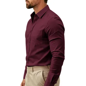Camisa de manga larga para hombre burdeos slim fit negocios casual parte superior detalle