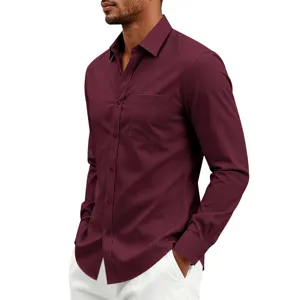 Camisa de hombre manga larga elastica, negocio casual anti arrugas burdeos top