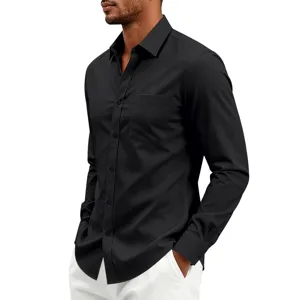 Camisa hombre negra manga larga slim fit antiarrugas business casual elegante top