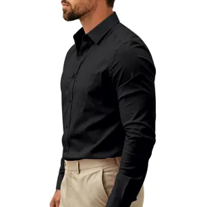Schwarzes Herren Langarm Hemd Detailansicht, elastischer Business Freizeit Stil, bequeme Passform.