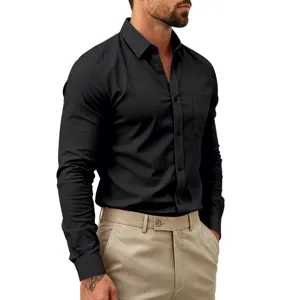 Herren Schwarzes Langarm Stretch Business Hemd mit Klassischem Kragen und Tasche